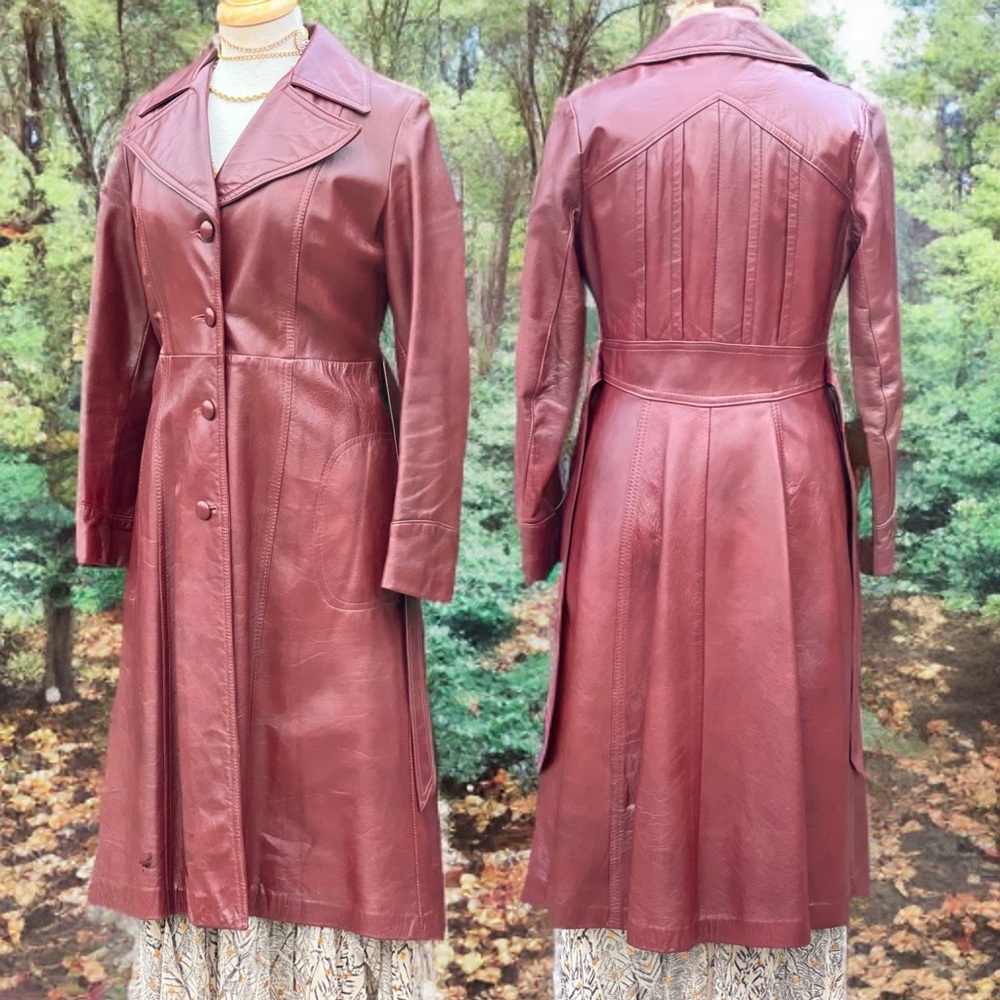 VINTAGE 1970s cognac red Leather belted trench coat|small/medium